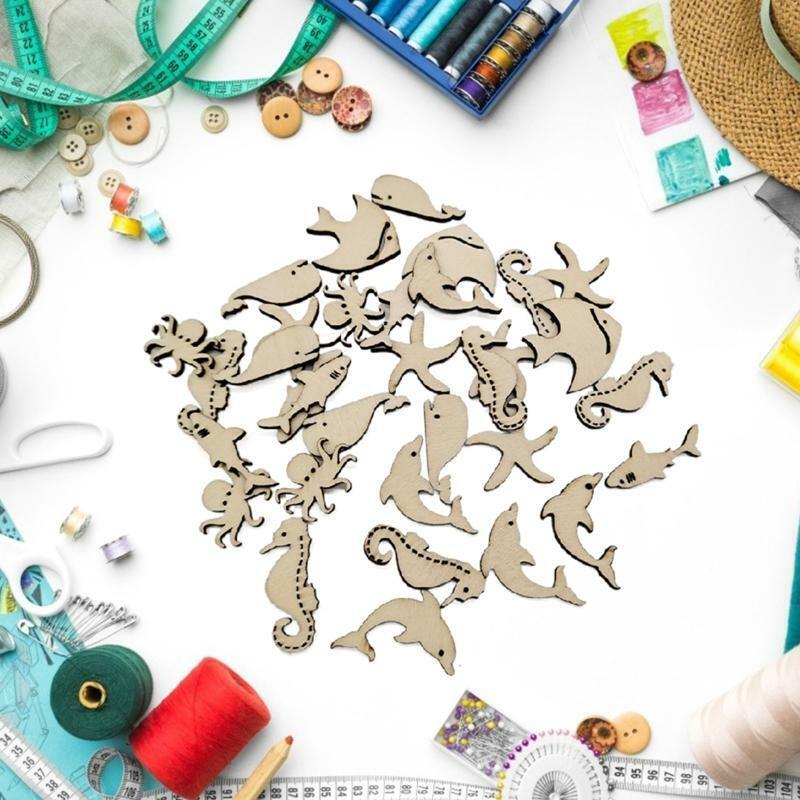 50 Pcs/Set Ocean Sea Animals Craft Cutouts Unfinished Natural Wooden Slices Kit