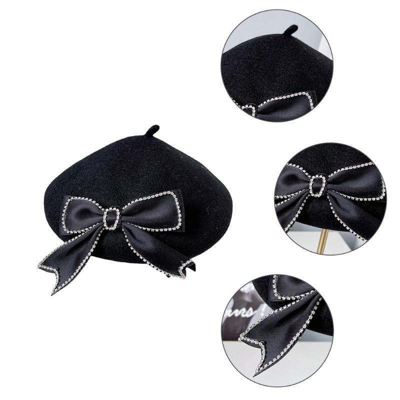 Fashion Ribbon Bow Beret Winter Black Beanie Hat Painter Hat Warm for Fall Winte