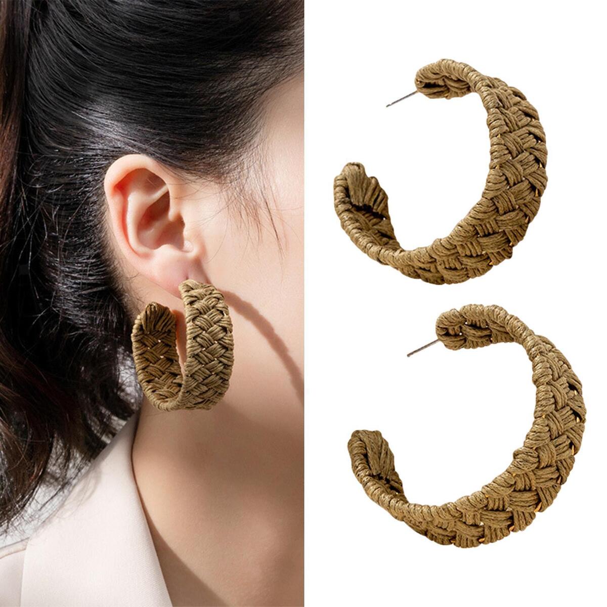C Shaped Rattan Earrings Weave Hypoallergenic Statement Geometric for