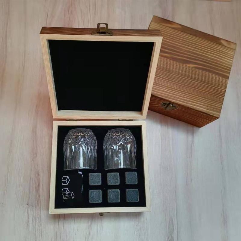 Whiskey Glass Set with 6 Pcs Whiskey Bourbon Chilling Stones in Wooden Box