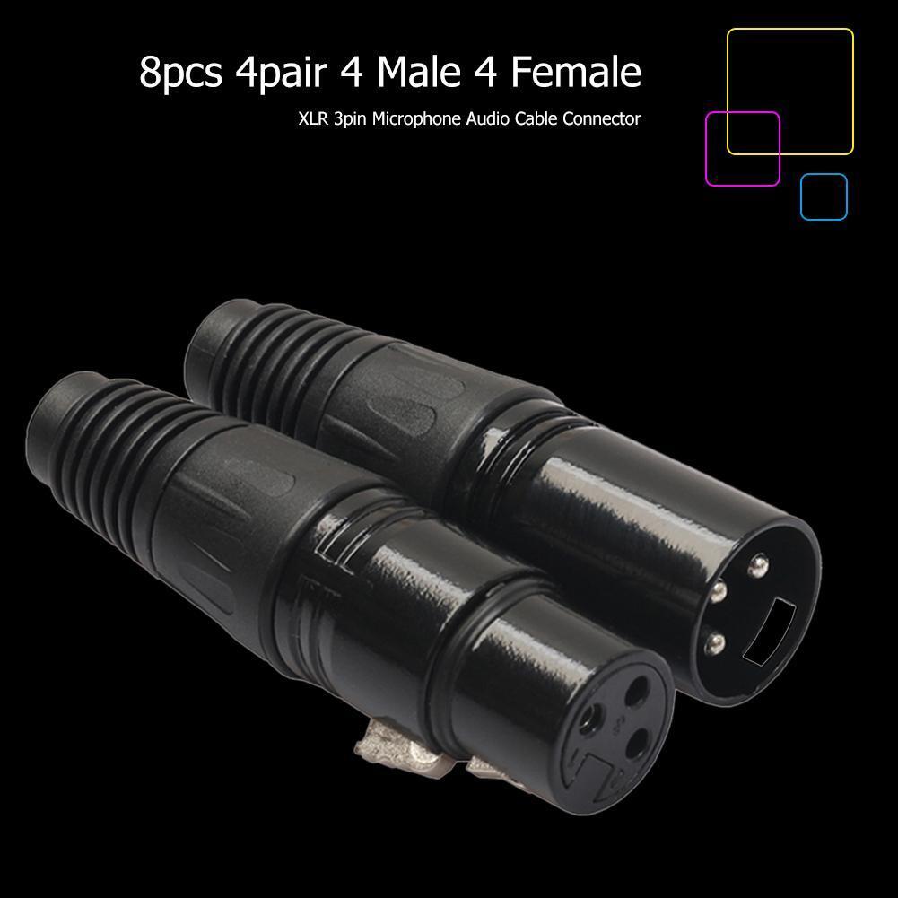 Black 8pcs 4 Male 4 Female XLR 3Pin Microphone Audio Cable Connectors Plugs