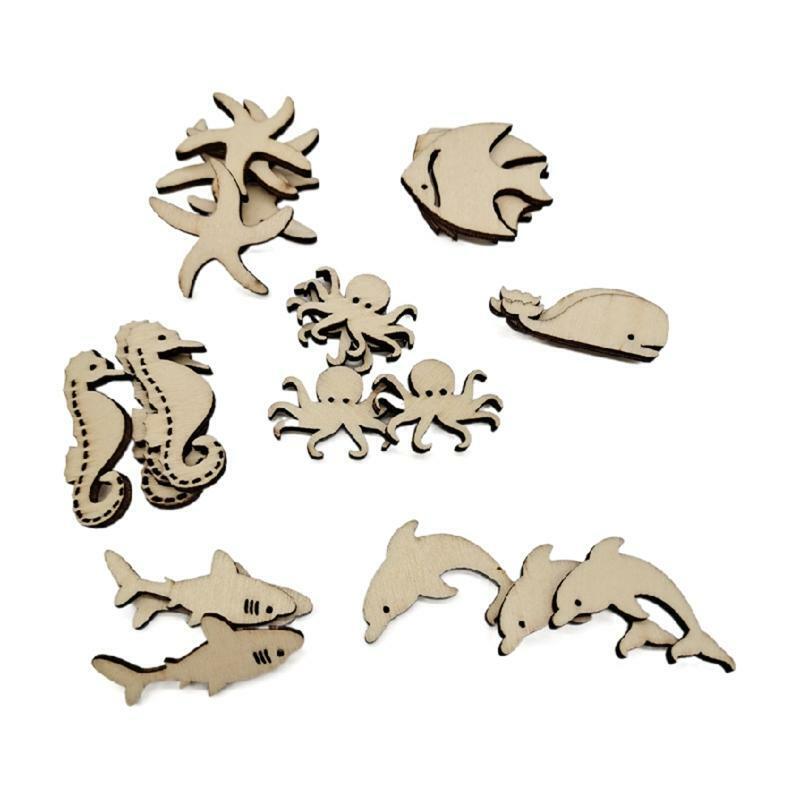 50 Pcs/Set Ocean Sea Animals Craft Cutouts Unfinished Natural Wooden Slices Kit
