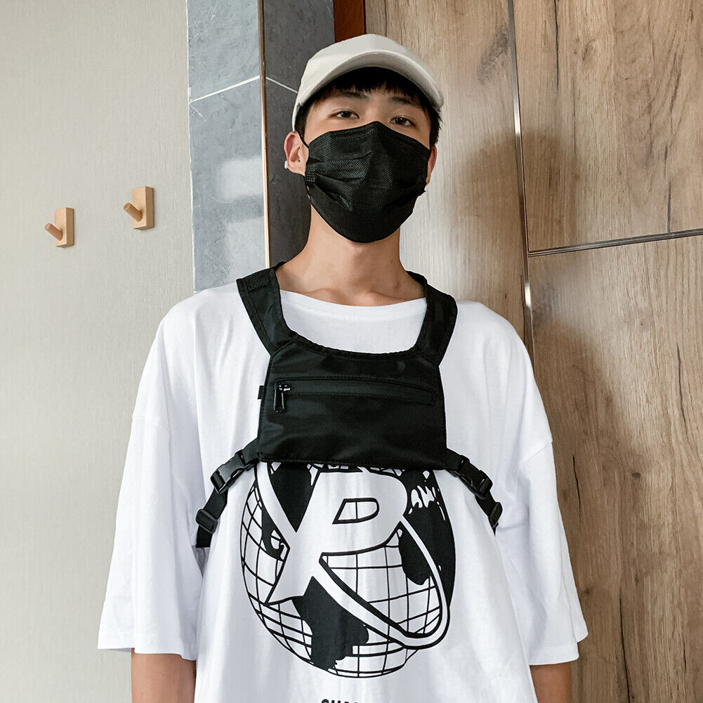 Street Shoulder Bags Women Men Nylon Hip Hop Vest Chest Pouch (1 Black)