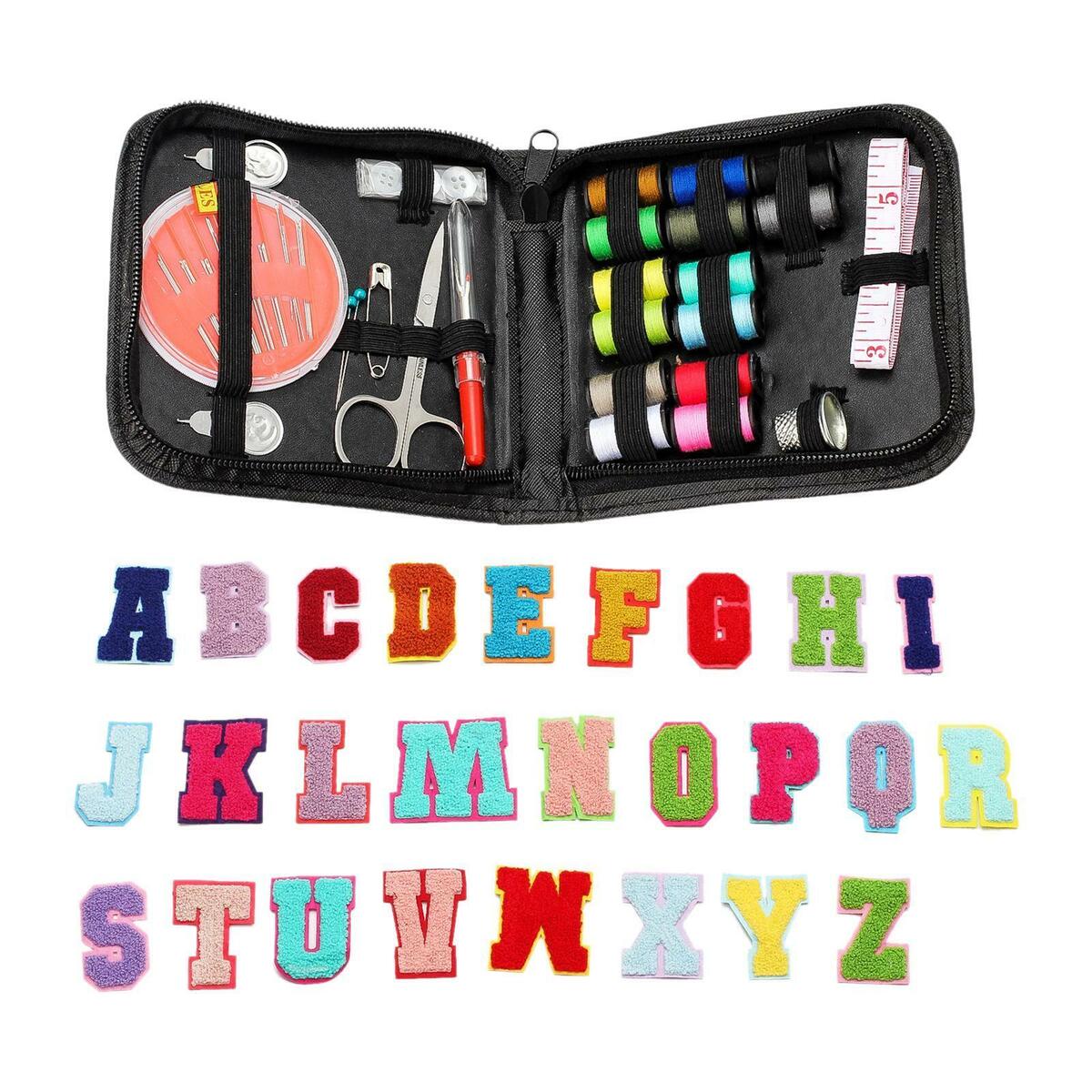 Sewing Kit Supplies Travel Sew Tools with 26pcs Embroidery Letter Patches