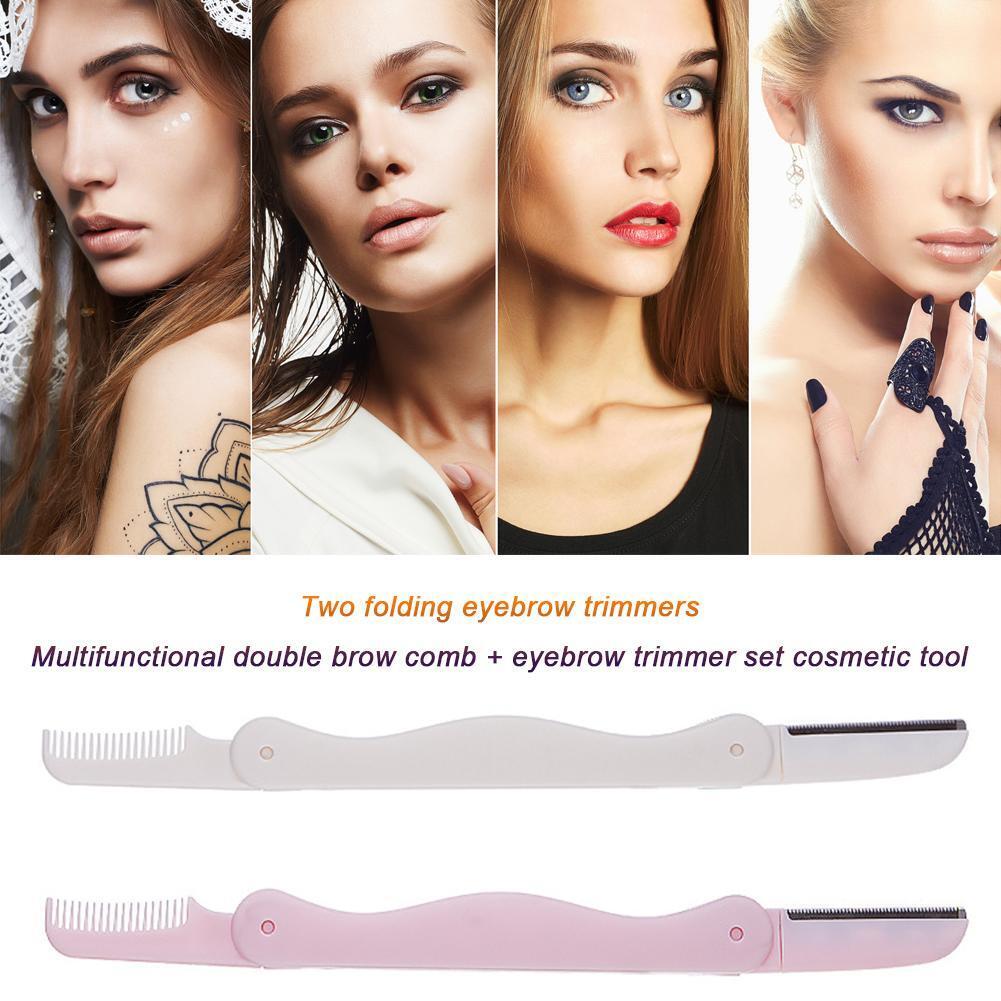 2pcs Folding Eyebrow Trimmer Eye Brow Makeup Shaver Brush Kit (Pink White)
