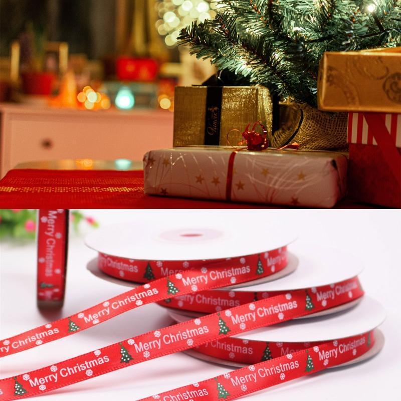 10 Rolls 25 Yards Christmas Tree Snowflake Printing Red Ribbon DIY Xmas Decor