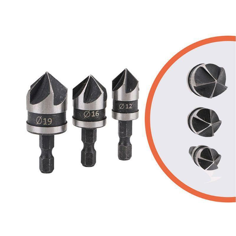 3pcs/set 90 Degree 1/4 Hex Drill Rod 5 Flute 12mm 16mm 19mm Wood Debur Counter
