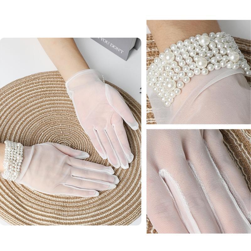 Bridal Gloves White Tulle with Beads Opera Party Short Gloves 8.6" Wrist Length