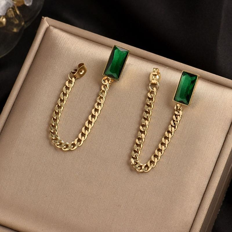 1 Pair Green Tassel Stainless Steel Earrings Temperament High Sense Earrings
