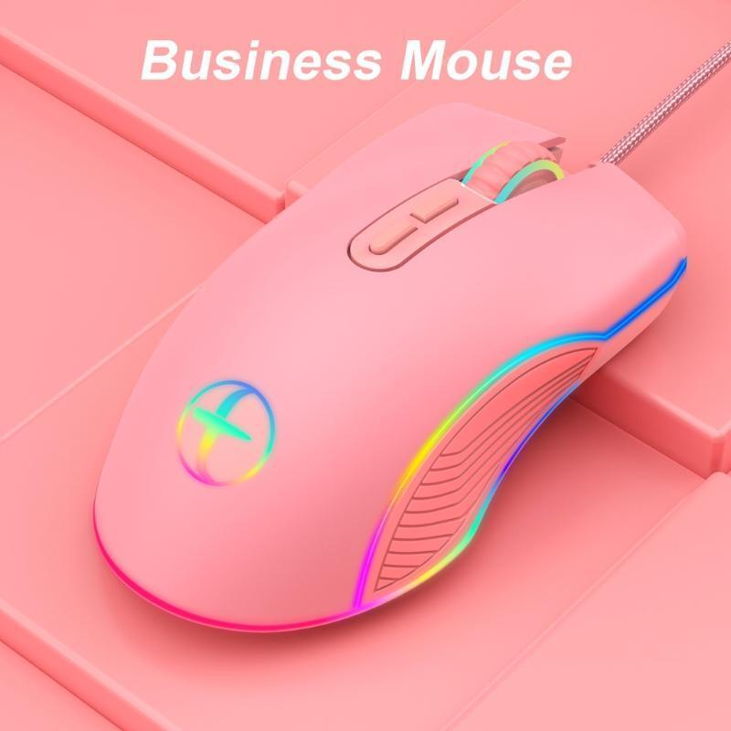 Optical Pink Wired Mouse Mice With Braided USB for Laptop Computer Gift w/Type-C
