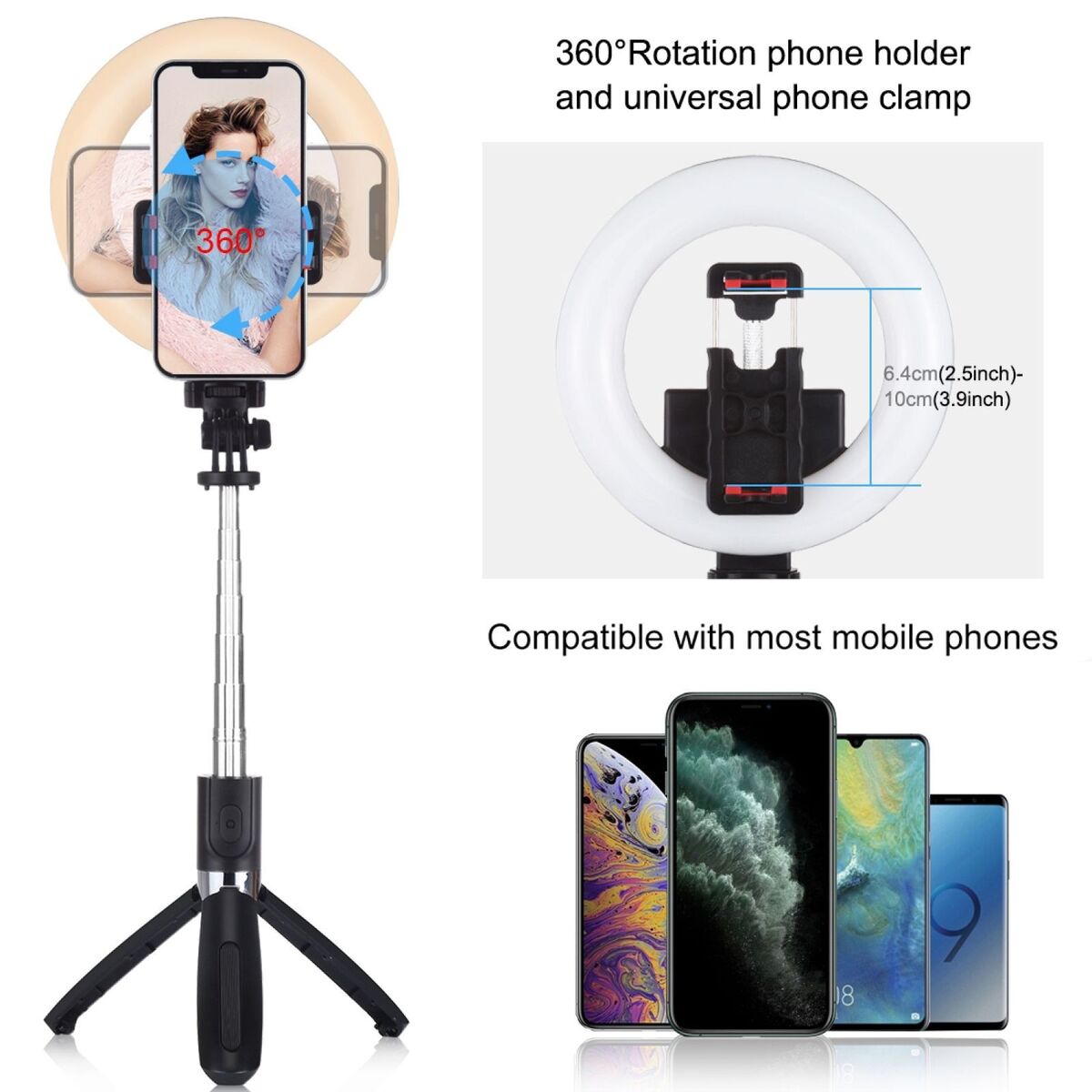 Bluetooth Video Selfie Stick LED Ring Light Filling Lamp For Tiktok Youtube