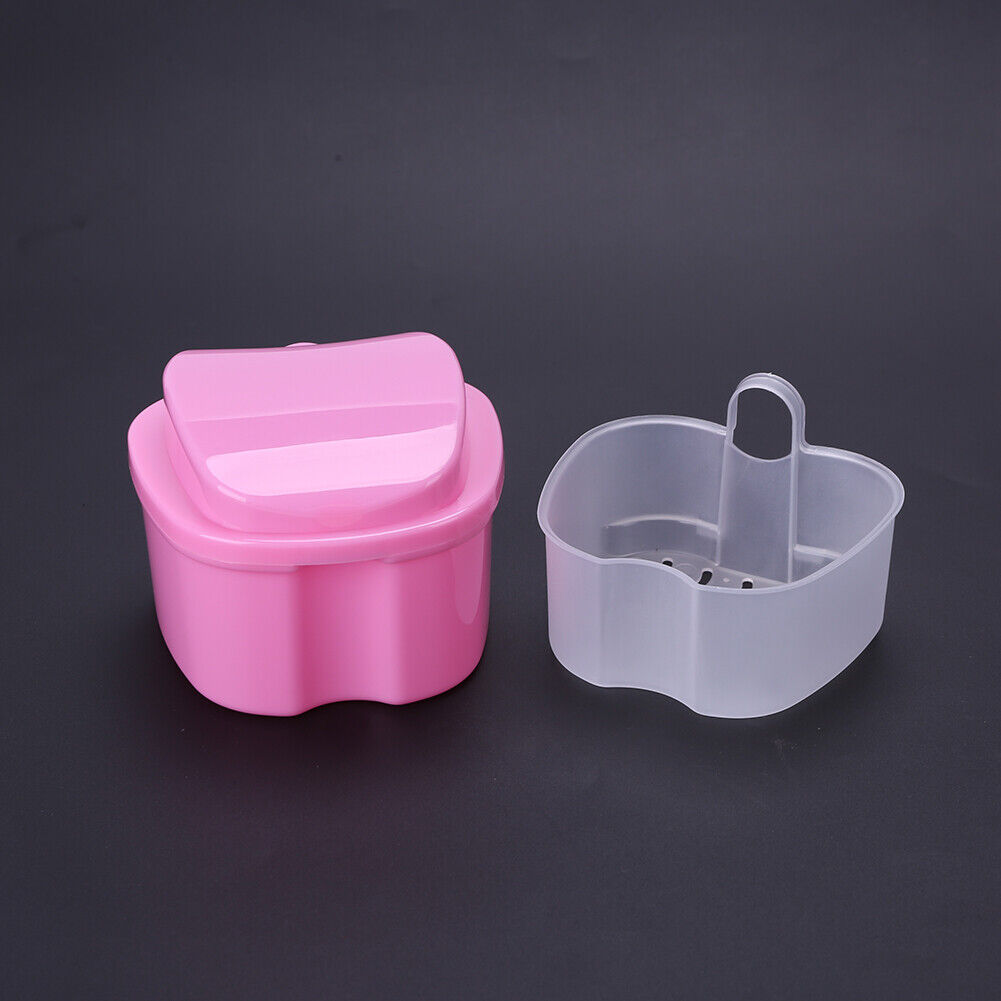 Dental False Teeth Storage Box with Hanging Net Container Organizer (Pink)