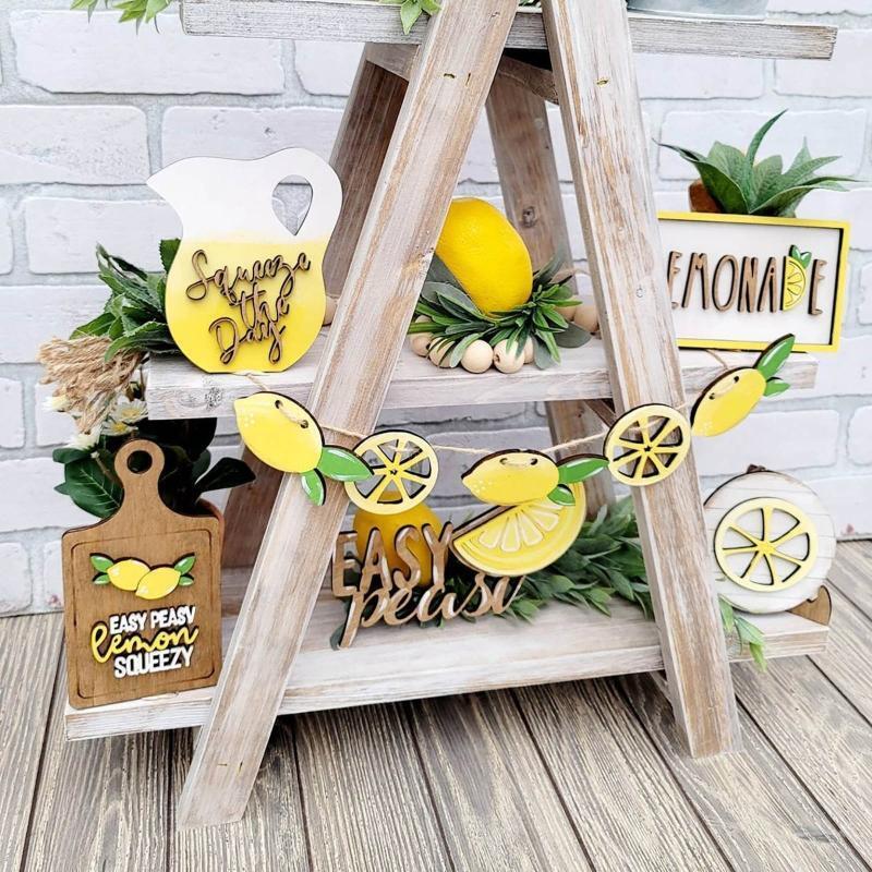 Wood Lemon Style Tiered Tray Decor 7pcs/set Mini Rustic Farmhouse Decoration