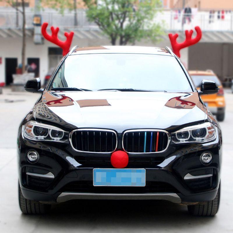 Cute Rudolph Car Costume Christmas Reindeer Antlers Red Nose for Truck SUV Decor