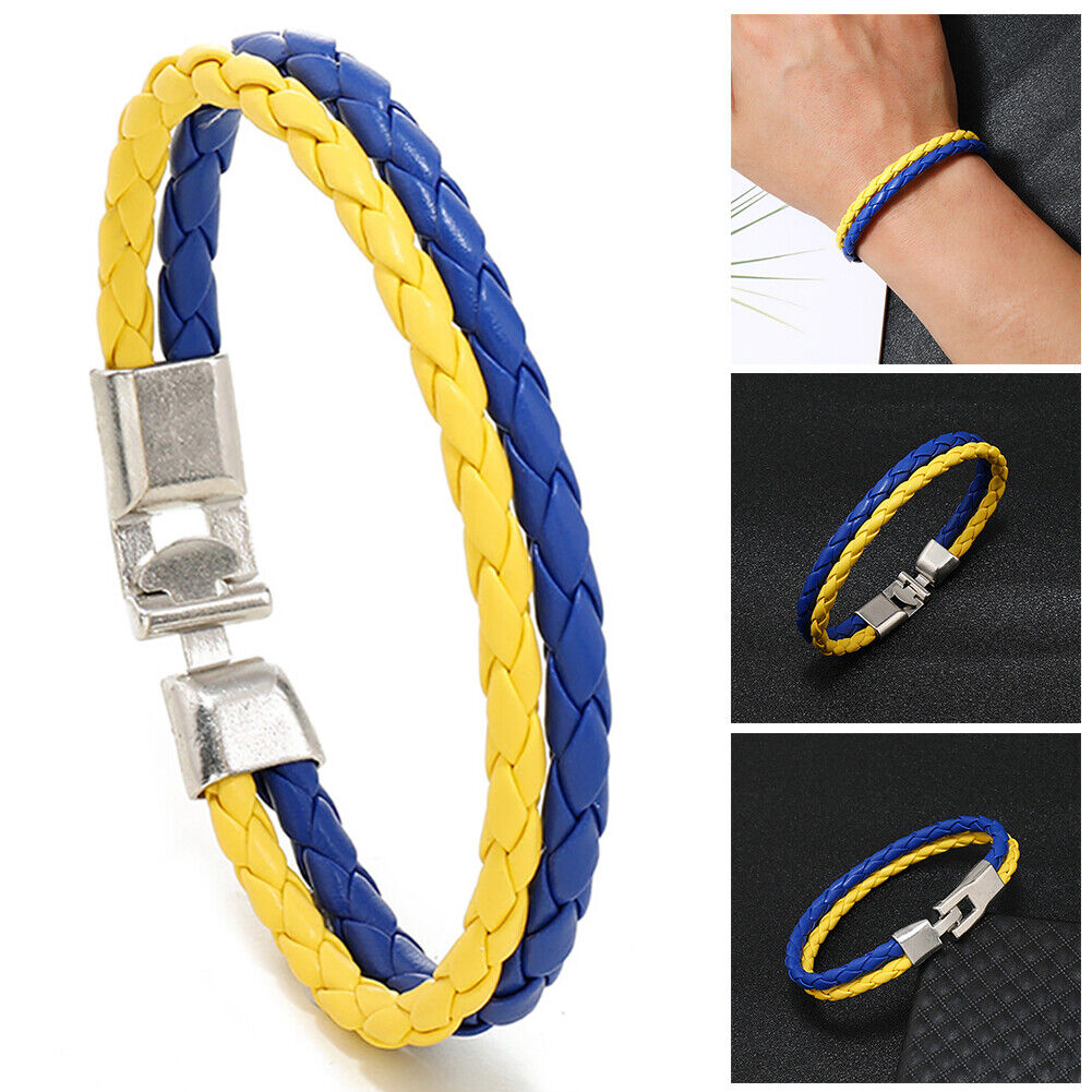 Ukraine Flag Bracelet Men Women Braided Woven Leather Blue Yellow Bangles