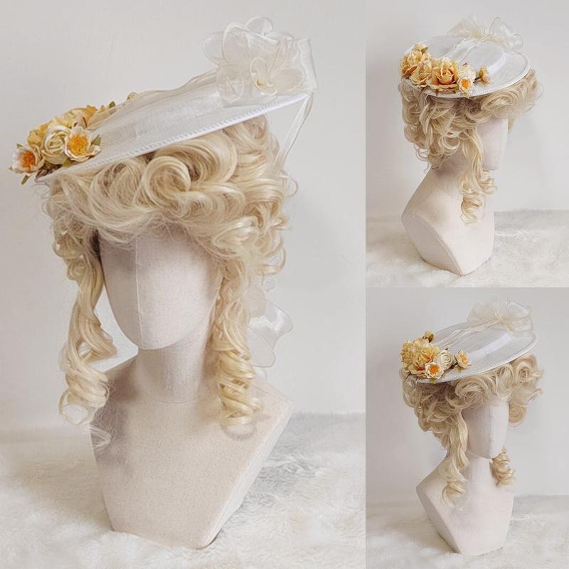 Lolita Flat Top Hat Sweet w/Light Yellow Flowers All-match for Girl Women Accs