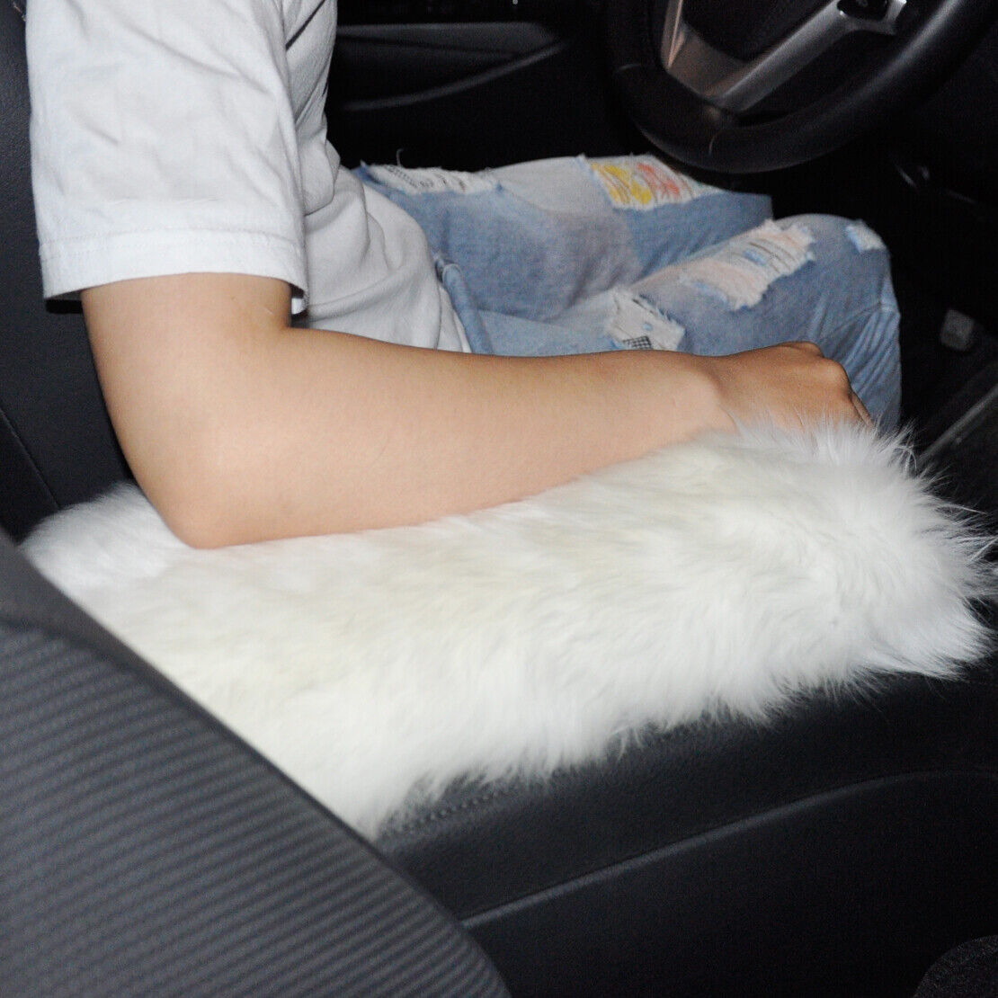 White Car Sheepskin Wool Center Console Armrest Cover Wool Mat Pad Cushion Li