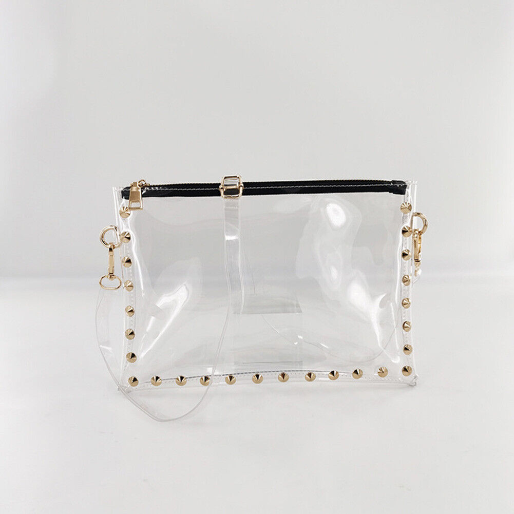 Women PVC Clear Shoulder Bag Lady Rivet Zipper Stadium Approved Handbag