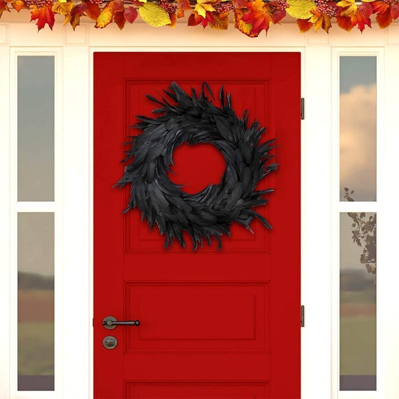 15.7in Natural Feathers Wreath Front Door Black Feather Wreath Halloween Decor