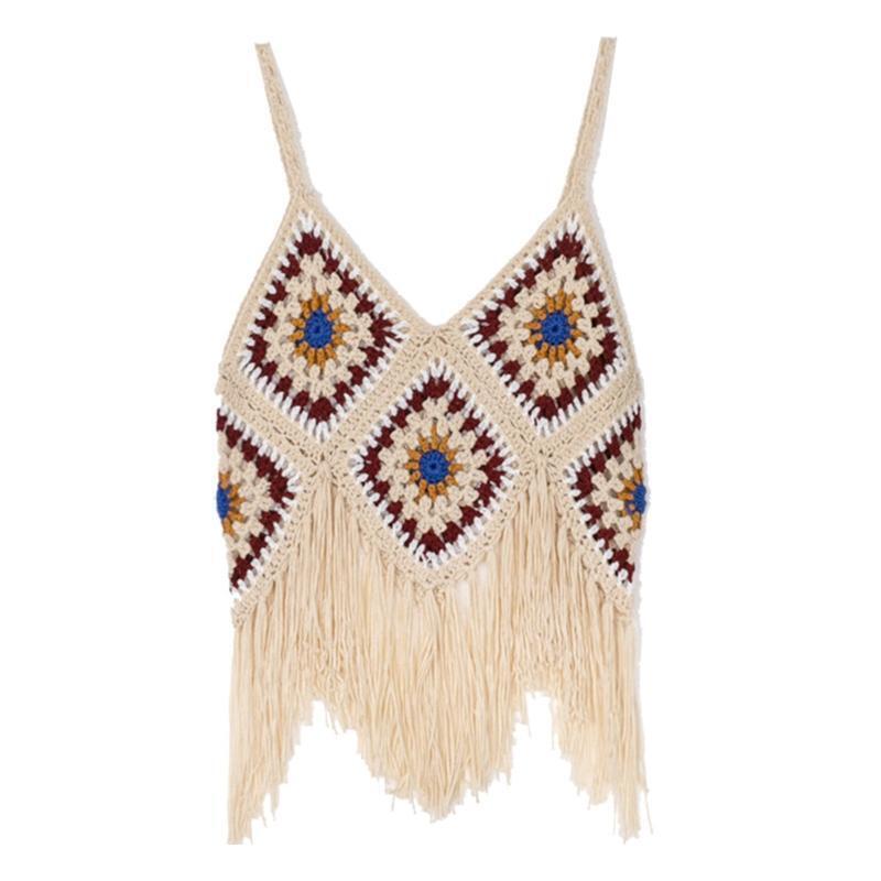 Women Boho Crochet Sleeveless Crop Top Tassel Hem V-Neck Diamond Plaid Camisole