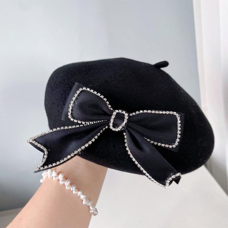 Fashion Ribbon Bow Beret Winter Black Beanie Hat Painter Hat Warm for Fall Winte