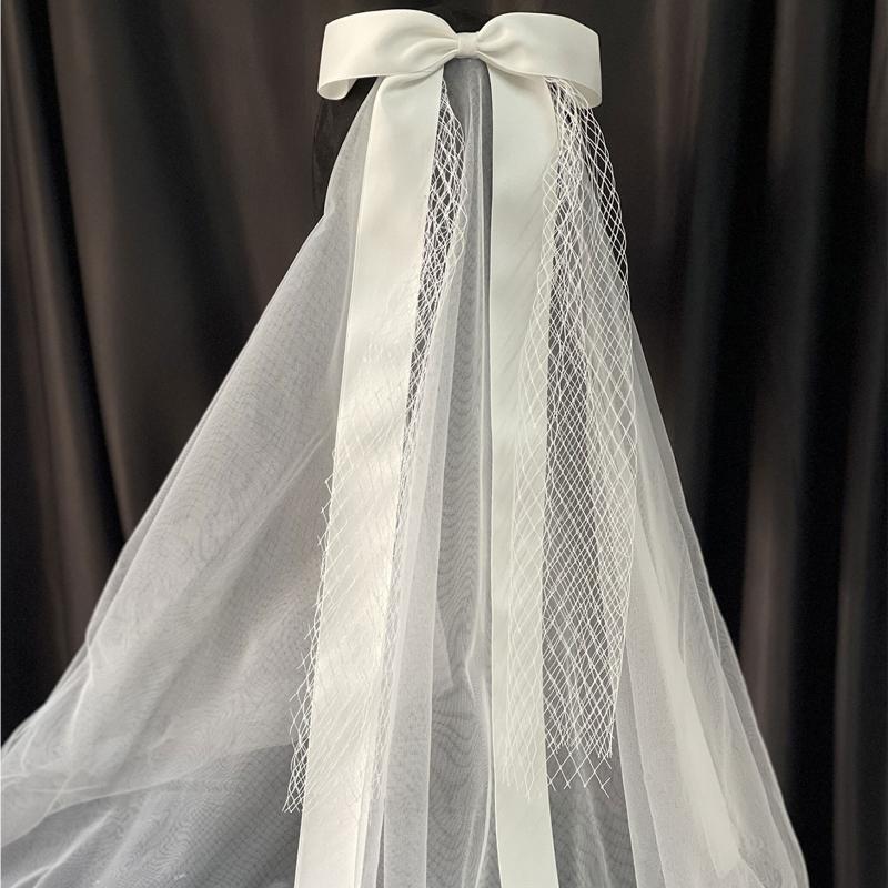 White Lace Veil Long Bridal Veils Bowknot Wedding Brides Soft Tulle for Bridal