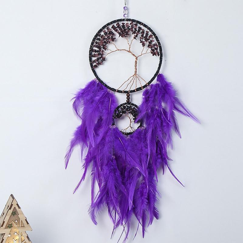 Woven Tree of Life Dream Catcher with Crystal Stones Feather Wall Hanging Decor