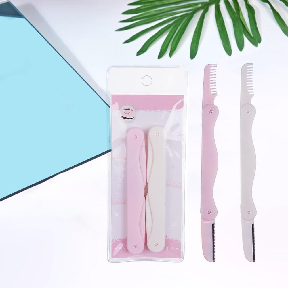 2pcs Folding Eyebrow Trimmer Eye Brow Makeup Shaver Brush Kit (Pink White)