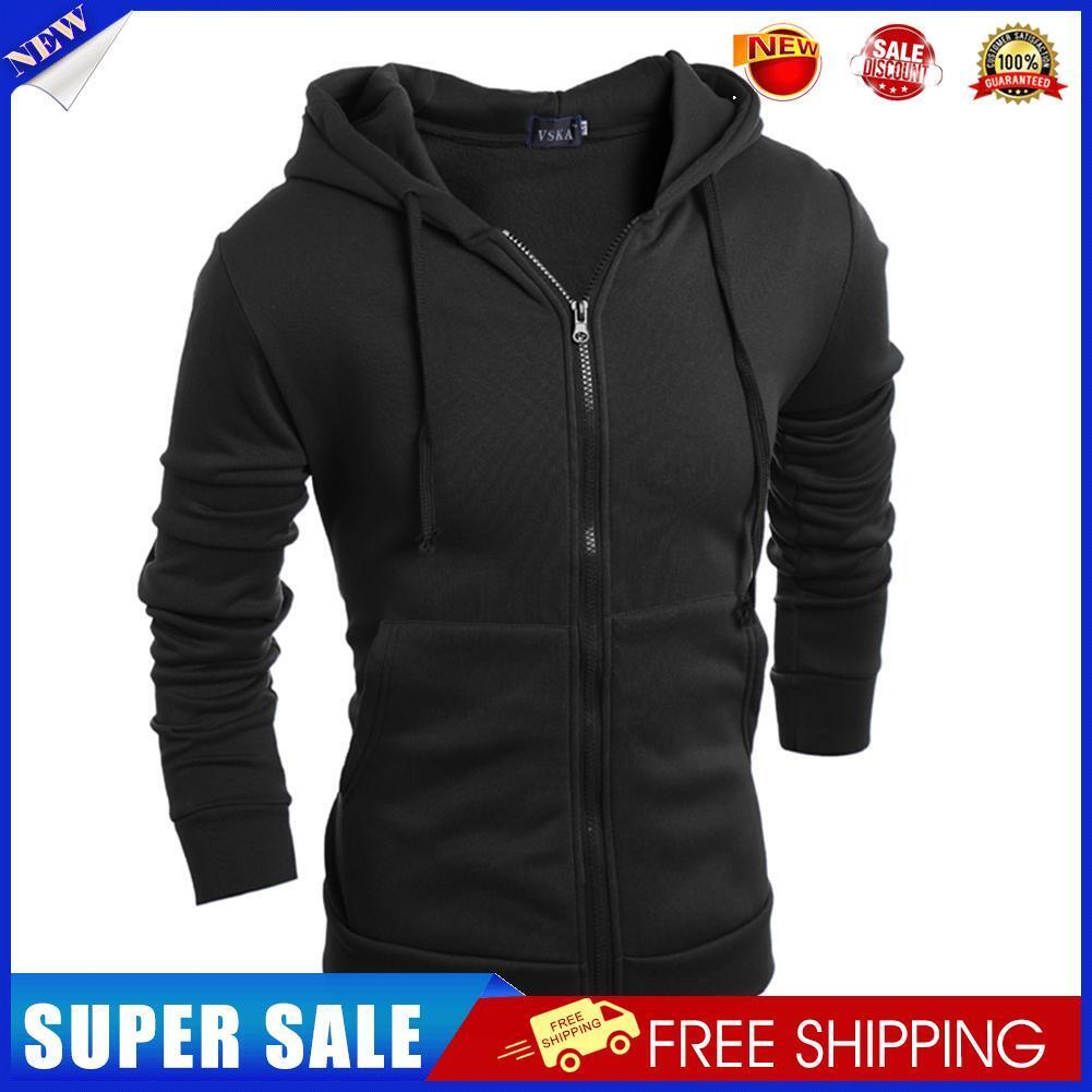 Men Hoodies Solid Zipper Hooded Coat Autumn Casual Outerwear (Black)(XL)