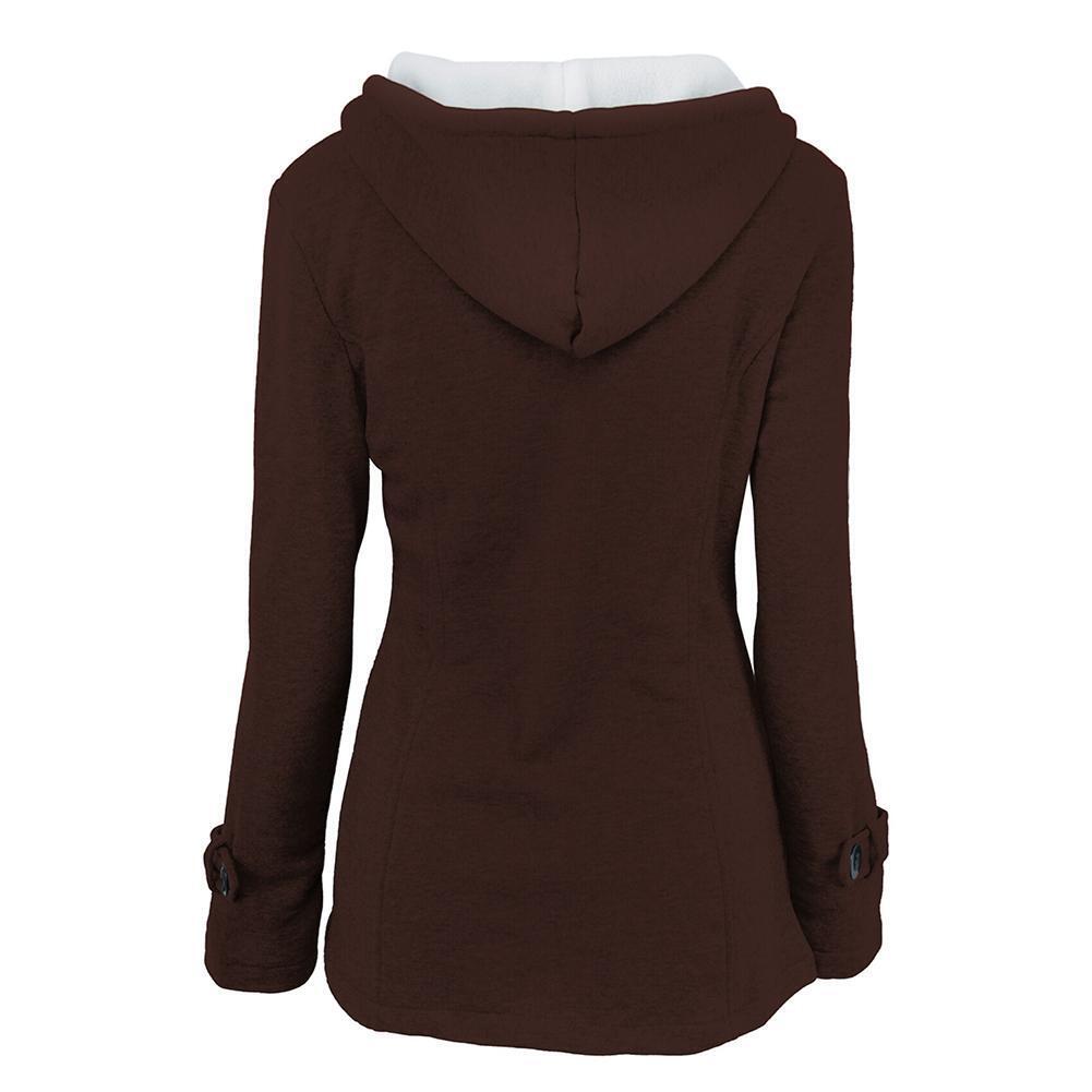 Thicken Solid Hooded Trench Coat Horn Buckle Women Outerwear (Coffee L)