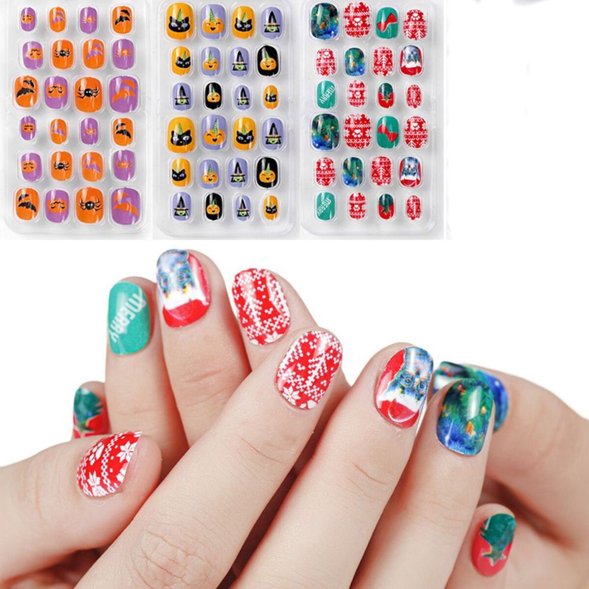 Tips Halloween Christmas Self Adhesive Press On Kids False Nails Full Cover