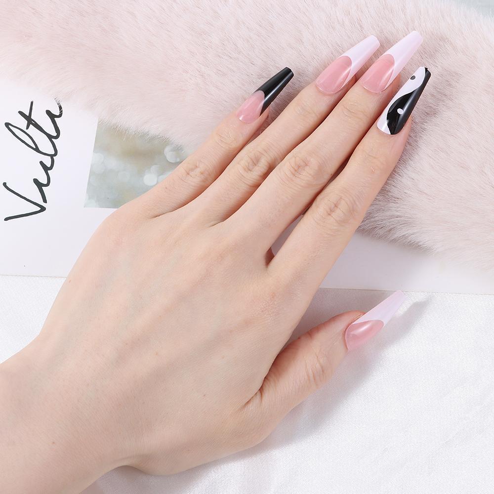 False Nail Tips White and Black Mixed Colors with Taichi Design Long Coffin