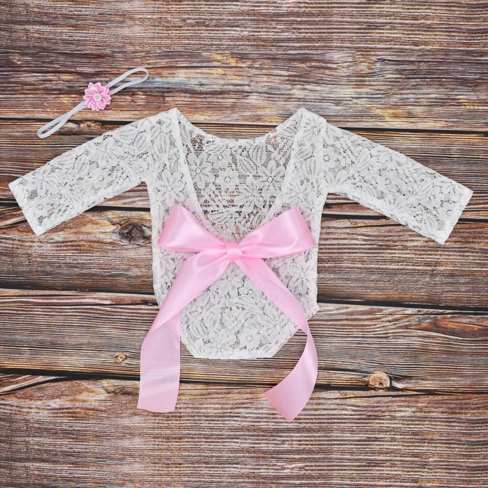 2pcs Newborn Shoot Photography Props Girls Lace Rompers Headband (Pink)