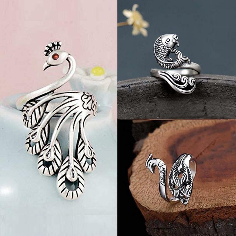 3Pcs Knitting Loop Crochet Ring Set Adjustable Fish Peacock Braided Rings