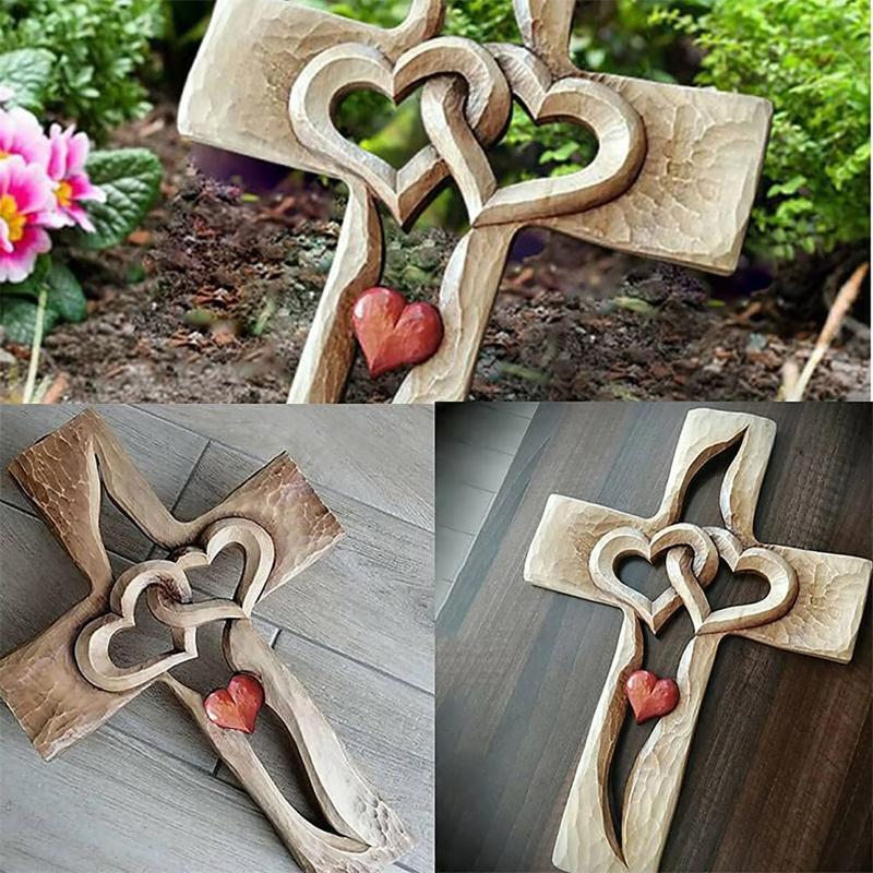 Carved Wooden Cross Valentine's Day Wooden Love Heart Cross Intertwined Hearts