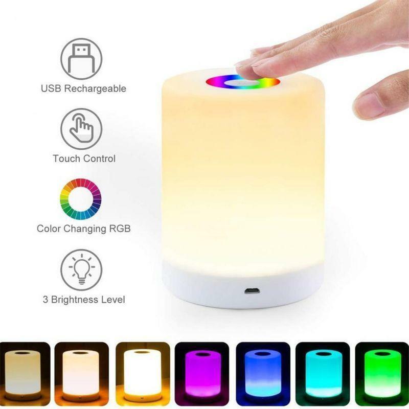LED Night Light, Smart Bedside Table Lamp, Touch Control, Dimmable, USB Recharga