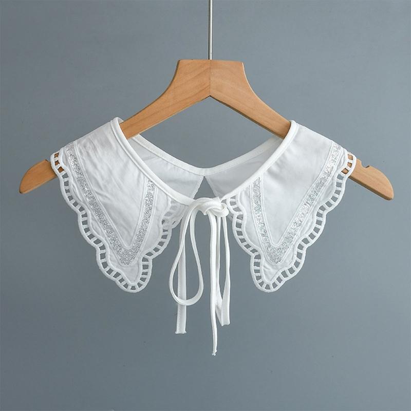 Women Crochet Sequins Patchwork Faux Collar Shawl Hollow Wavy Trim Lace-Up Cape
