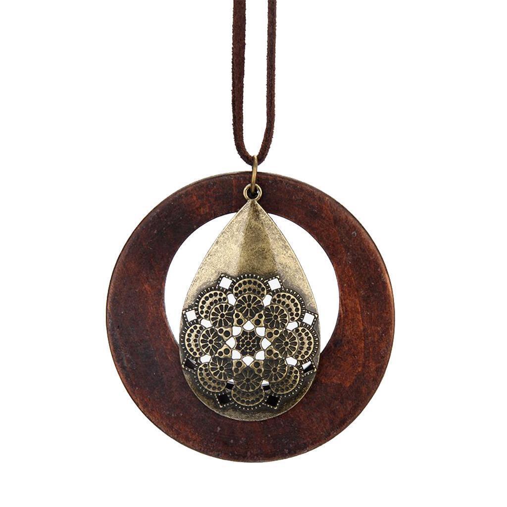 Round Wooden Pendant Long Sweater Chain Necklace Jewelry Gifts