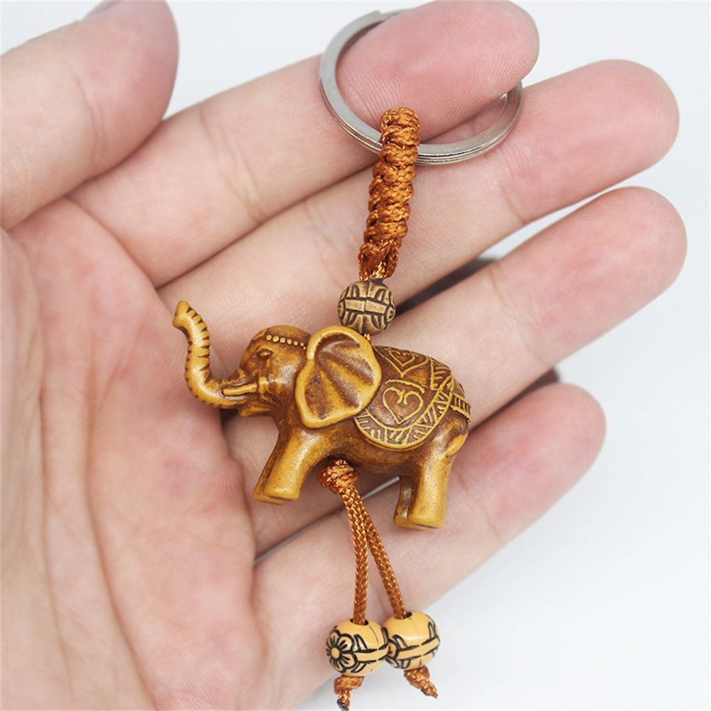 Animal Shape Elephant Carving Pendant Key Ring Wooden Keychain Key Holder