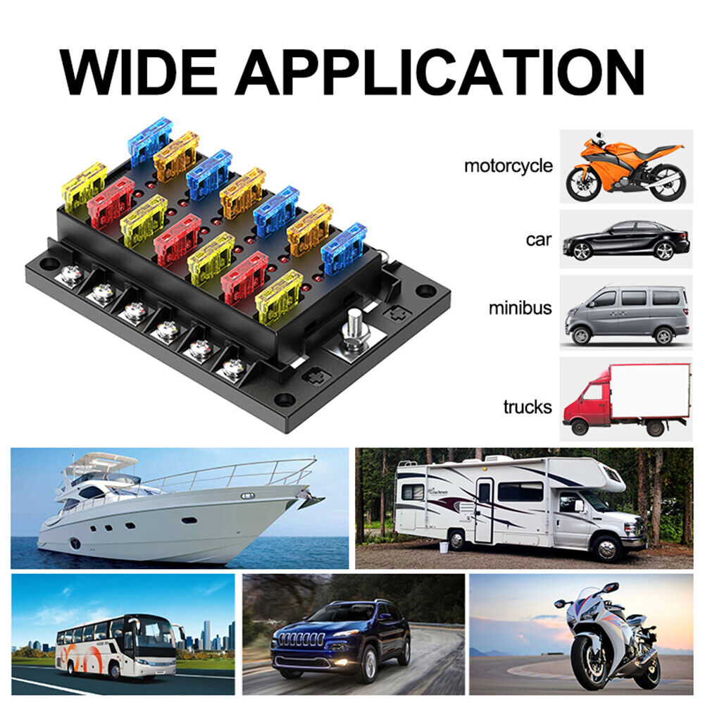 32V DC 12-Way Fuse Box Dual-Use Cover Blade Fuse Block Holder for Car Boat