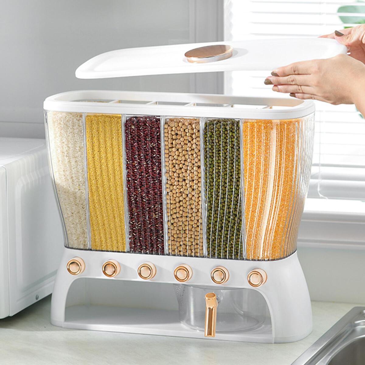Clear Body 6 Compartments Rice Bucket Grain Dry Food Dispenser Easy to Use