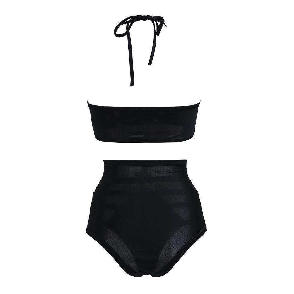 Women Solid Bandage Halter Two-Piece Swimwear Padded Bikini Set(Black)(XL)