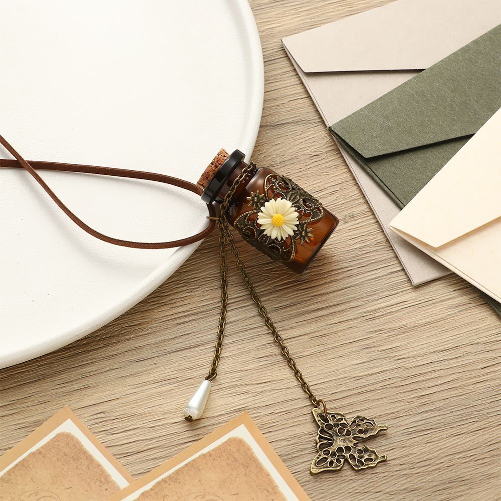 Charm Glass Flask Pendant Wishing Bottle Necklace Carved Flower Sweater Chain