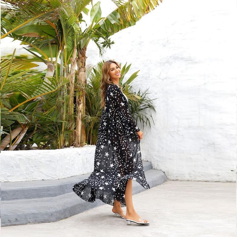Women Beach Swimsuit Cover Up Star Print Belted Chiffon Ruffles Kimono Cardigan
