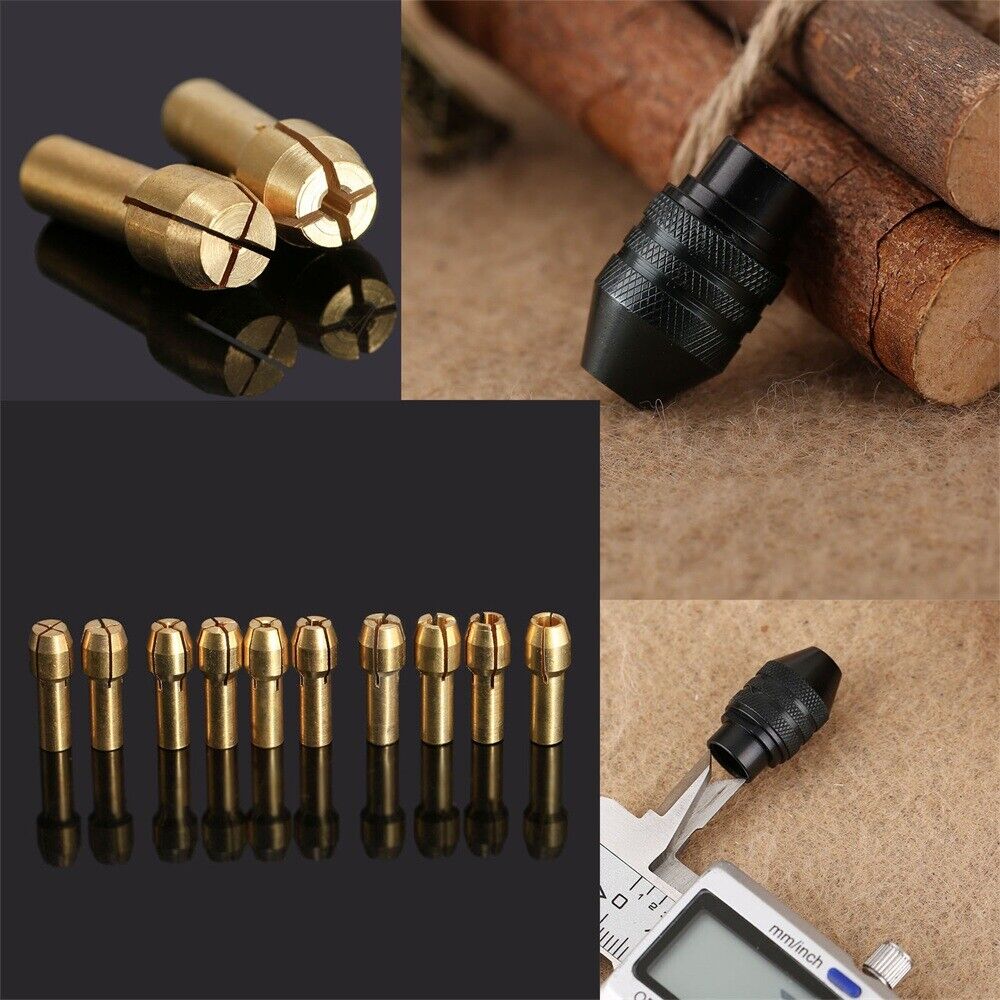 10pcs 0.5-3.2mm Brass Collets 4.8mm Shank & Keyless Drill Chuck Rotary Tool C6B