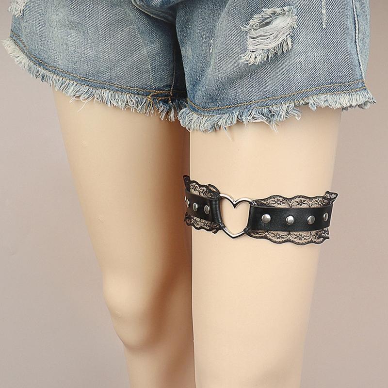 Women Punk PU Leather Belt with Pleated Lace Ladies Gothic Rock Leg Chain
