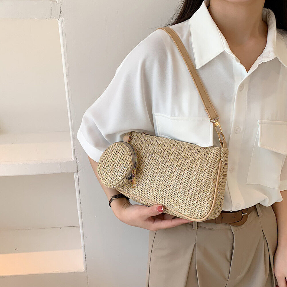 Fashion Woven Straw Shoulder Underarm Bags Totes Handbag with Small Purse
