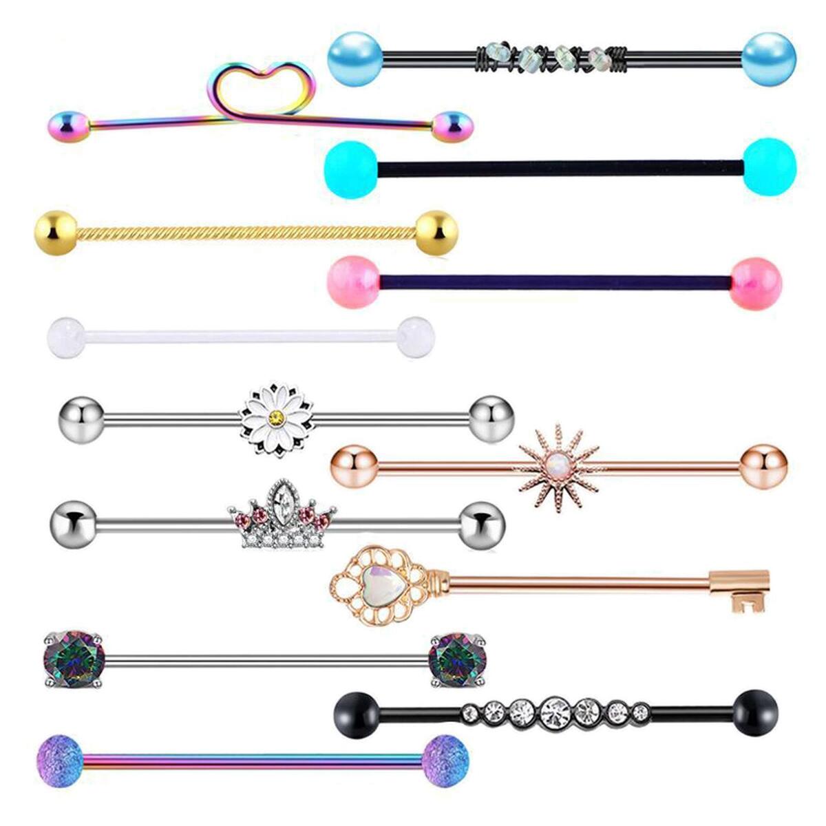 13Pcs 14 Gauge Industrial Barbell Earrings for Women Men Rhinestone 38mm 1&1/2
