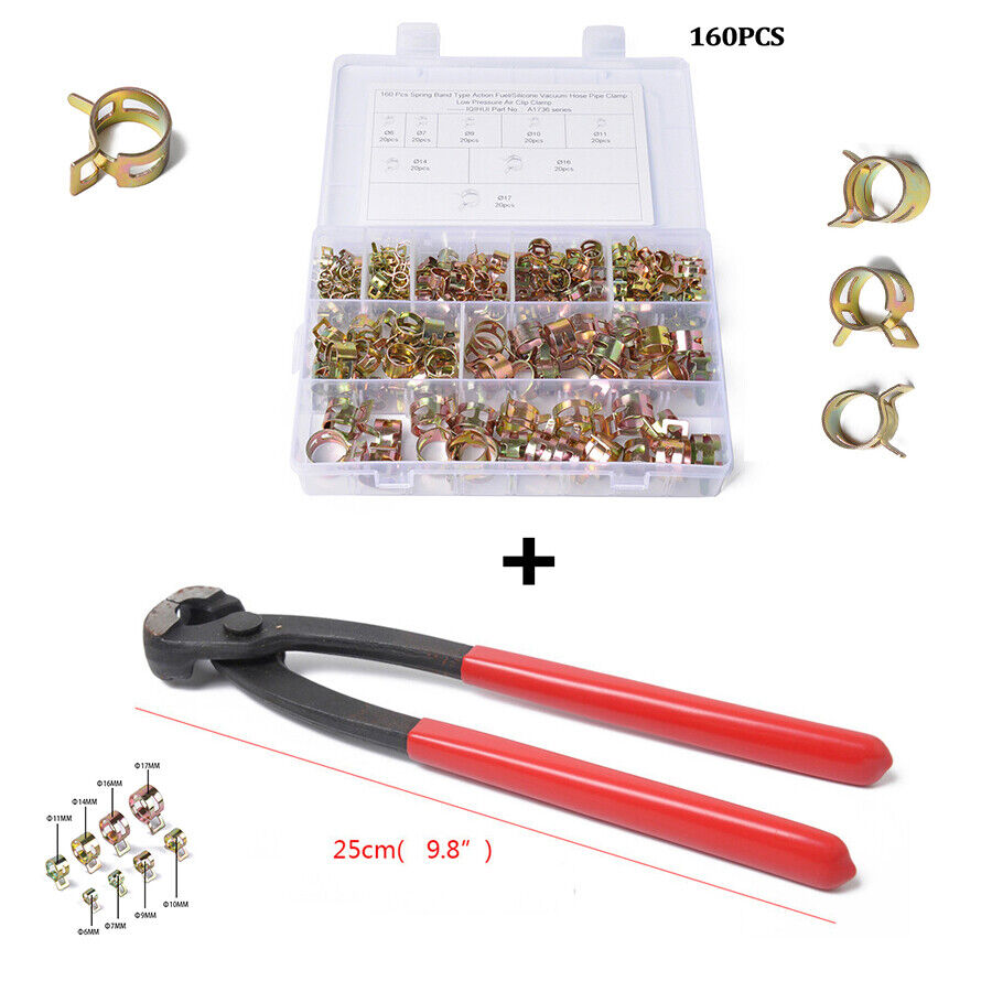 160 Pcs 8 Sizes Spring Clips+ Pliers Stainless Steel Hose Clamps For SUV Cars