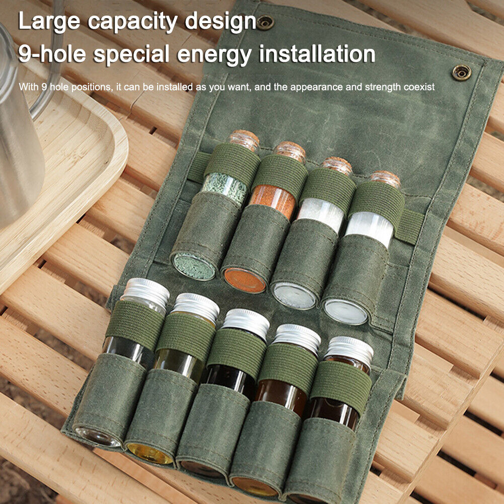 9pcs Camping Small Spice Bottles Set w/ Storage Bag Glass Jars (Dark Green)